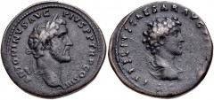 Antoninus Pius, with Marcus Aurelius as Caesar. AD 138-161. Æ Sestertius (35mm, 24.16 g, 12h). Rome mint. Struck circa AD 141-143. Laureate head of Antoninus Pius right / Bareheaded, draped, and cuira