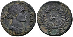 Helena. Augusta, AD 324-328/30. Æ Follis (17mm, 2.87 g, 6h). Thessalonica mint. Struck circa AD 318-319. Draped bust right / Star of eight rays within laurel wreath. RIC VII 48 var. (with mintmark); L