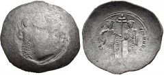 Alexius I Comnenus, with Irene and John II. 1081-1118. BI Aspon Trachy (28mm, 3.24 g, 6h). Constantinople mint. Struck 1092-1093. John II, holding labarum and globus cruciger, standing facing, being c
