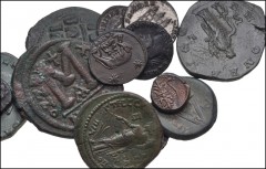 MIXED. Greek to Byzantine. Lot of thirteen (13) Greek, Roman, and Byzantine bronzes. Includes: A varied selection of Greek Æ, Roman Æ, including two sestertii of Philip I, and Byzantine Æ, including a