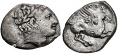 BRUTTIUM, Kroton. Circa 300-250 BC. AR Diobol (11mm, 0.85 g, 9h). Laureate male head right / Pegasos flying right; KPO above. Unpublished type as a diobol, but cf. HN Italy 2196 (drachm); cf. SNG ANS 