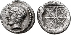MACEDON, Chalkidian League. Circa 425-390 BC. AR Obol (8mm, 0.30 g). Reduced standard. Olynthos mint. Laureate head of Apollo left / Quadripartite incuse square, each quadrant diagonally divided into 