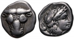 PHOKIS, Federal Coinage. Circa 354-352 BC. AR Triobol – Hemidrachm (12mm, 2.83 g, 10h). Onymarchos, strategos. Facing boukranion / Head of Artemis right; chelys to left. Williams 347–8 var. (O242/R– [