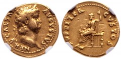 Nero. AD 54-68. AV Aureus (18mm, 6.79 g, 6h). Rome mint. Struck circa AD 64-65. NERO CAESAR AVGVSTVS, laureate head right / IVPPITER CVSTOS, Jupiter seated left on throne, holding thunderbolt and scep