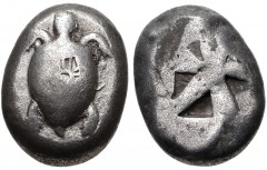 ISLANDS off ATTICA, Aegina. Circa 510-490 BC. AR Stater (15mm, 12.16 g). Tortoise with “T-back” form of pellets and “trefoil” collar; c/m: geometric pattern (schematic radiate sun?) within incuse squa