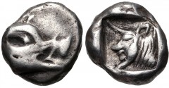 DYNASTS of LYCIA. Uncertain dynast. Circa 490/80-440/30 BC. AR Trihemiobol(?) (9mm, 1.28 g, 6h). Protodynastic series, group B. Head of boar right / Head of man-headed bull left within incuse square. 