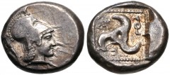 DYNASTS of LYCIA. Vekhssere I. Circa 450-430/20 BC. AR Third Stater (13mm, 2.72 g, 12h). Helmeted head of Athena right / Triskeles; diskeles in lower left corner; all within dotted square border withi
