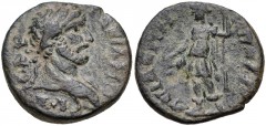 LYDIA, Apollonis. Hadrian. AD 117-138. Æ (16mm, 2.92 g, 6h). Laureate bust right, with slight drapery / Dionysus standing left, holding filleted thyrsus and pouring cantharus. RPC III 1840; Waddington