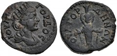LYDIA, Gordus-Julia. Pseudo-autonomous issue. 2nd century AD. Æ (16mm, 3.15 g, 12h). Turreted and draped bust of Fortuna right / Facing statue of Artemis Ephesia, with supports. RPC IV online 1261; SN