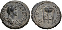 LYDIA, Thyateira. Domitia. Augusta, AD 82-96. Æ (17mm, 2.97 g, 7h). Draped bust right / Tripod. RPC II 945; BMC 71. Good VF, green patina, with light earthen deposits.