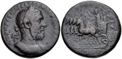 Macrinus. AD 217-218. Æ As (23.5mm, 10.03 g, 1h). Rome mint. 2nd emission, AD 217-218. Laureate and cuirassed bust right / Macrinus in quadriga left, holding scepter and branch, crowned by Victory who