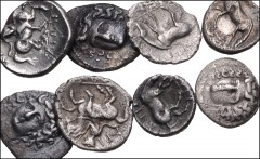 GREEK. Northern Greece. Lot of eight (8) Trihemioboles and Oboles of Larissa. Includes: Trihemioboles: Head of the nymph Larissa facing slightly left, wearing ampyx and necklace / Warrior on horse rea