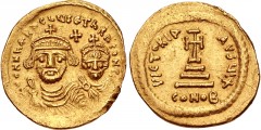 Heraclius, with Heraclius Constantine. 610-641. AV Solidus (20mm, 4.45 g, 6h). Uncertain eastern military mint. Struck circa 613-616. Crowned facing busts of Heraclius and Heraclius Constantine, each 