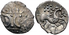 CELTIC, Iceni. Ecen. Circa AD 10-43(?). AR Unit (14mm, 1.32 g). Ece Six (Icenian K) type. Two opposed crescents with pellets between, superimposed upon band of three lines surrounded by two lines of p