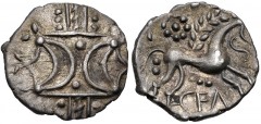 CELTIC, Iceni. Ecen. Circa AD 10-43(?). AR Unit (14.5mm, 1.24 g). Ecen Corn Ear (Icenian H) type. Two opposed crescents with pellets between, superimposed upon band of three lines surrounded by two li