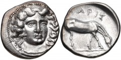 THESSALY, Larissa. Circa 380-365 BC. AR Drachm (18mm, 5.96 g, 3h). Head of the nymph Larissa facing slightly right, wearing ampyx / Horse grazing right. L-S Series 1, Type B, dies O1/R7, a (this coin)