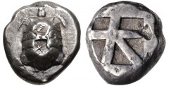 ISLANDS off ATTICA, Aegina. Circa 456/45-431 BC. AR Stater (17mm, 12.27 g, 11h). Land tortoise with segmented shell; two counterstamps: X within incuse square, animal right within incuse square / Larg