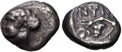 CIMMERIAN BOSPOROS, Nymphaion. Circa 400 BC. AR Obol (10.5mm, 0.97 g, 5h). Head of nymph left, hair in sphendone / Grape bunch on vine; NYN above; all within incuse square. Unpublished as an obol. Fin