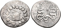 LYDIA, Nysa. Circa 85/4-62/1 BC. AR Tetradrachm (27mm, 11.47 g, 12h). Cistophoric type. Anneoteros, magistrate. Dated CY 23 (63/2 BC). Cista mystica with serpent; all within ivy wreath / Bow-case with