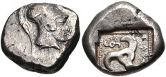 DYNASTS of LYCIA. Vekhssere I. Circa 450-430/20 BC. AR Stater (18mm, 8.55 g, 9h). Helmeted head of Athena right / Triskeles; diskeles in lower left corner; all within dotted square border within incus