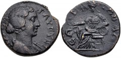 LYDIA, Tabala. Faustina Junior. Augusta, AD 147-175. Æ (22.5mm, 7.68 g, 1h). Draped bust right / Cybele seated left, holding patera in right hand, leaning left elbow on drum. BMC 6. VF, brown patina. 
