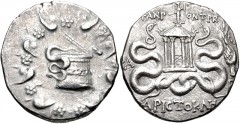 LYDIA, Tralles. C. Fannius. Praetor, 49/8 BC. AR Tetradrachm (26mm, 12.08 g, 12h). Cistophoric standard. Aristokles, magistrate. Cista mystica with serpent; all within ivy wreath / Hexastyle temple, s