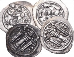 CENTRAL ASIAN. Sasanian & Related. Lot of four (4) AR drachms. All coins: Pērōz (Fīrūz) I. Includes the following mints: BBA // DA // LYW // NY. Coins average VF, areas of toning. LOT SOLD AS IS, NO R