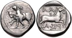 THESSALY, Larissa. Circa 450/40-420 BC. AR Drachm (18mm, 5.70 g, 6h). The hero Thessalos, with petasos and chlamys hanging around neck, restraining bull left by band held around its head; plant to lef