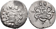 LYDIA, Tralleis. Circa 166-67 BC. AR Tetradrachm (27mm, 12.20 g, 12h). Cistophoric standard. Struck circa 155-145 BC. Cista mystica with serpent; all within ivy wreath / Bow case with serpents; TPAΛ t