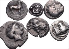 GREEK. Northern Greece. Lot of six (6) Trihemiobol, Oboles, and Hemiobol of Thessaly. Includes: KIERION. Trihemiobol. HGC 4, 668; LARISSA. Obol. HGC 4, 490. Hemiobol. HGC 4, 510; PERRHAIBOI. Obol. HGC