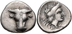 PHOKIS, Federal Coinage. Circa 347-346 BC. AR Triobol (15mm, 2.64 g, 1h). Struck under the triumvirate after Phalaikos. Facing head of bull / Head of Artemis right. Williams 333–4 var. corr. (O–/R204 