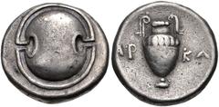 BOEOTIA, Thebes. Circa 368-364 BC. Fourée Stater (21.5mm, 10.17 g). Arka–, magistrate. Boeotian shield / Amphora; AR-KA across field. cf. Hepworth 14 (for prototype); BCD Boiotia 538 (this coin); cf. 