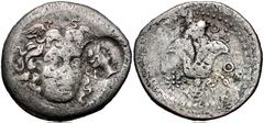 ISLANDS off CARIA, Rhodos. Rhodes. Circa 205-200 BC. AR Didrachm (21.5mm, 4.36 g, 12h). Cretan War issue. Military mint on Crete; magistrate, Gorgos. Winged head of Medusa facing slightly right; c/m: 