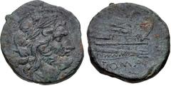 Anonymous. 206-195 BC. Æ Semis (22mm, 9.99 g, 2h). CA anonymous as, emergency issue. Canusium mint. Laureate head of Saturn right; S behind / Prow of galley right; S above, ROMA below. Crawford 100/2 