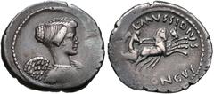 Moneyer issues of Imperatorial Rome. L. Mussidius Longus. 42 BC. AR Denarius (20mm, 3.77 g, 12h). Rome mint. Winged and draped bust of Victory right, her hair drawn back and collected into a knot behi
