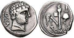 Special issues. C. Domitius Calvinus. 39 BC. AR Denarius (18mm, 3.88 g, 8h). Osca mint. Bare head of Hercules right, wearing necklace; OSCA downward to left / Emblems of the Pontificate: simpulum, asp
