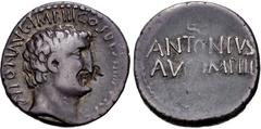 The Triumvirs. Mark Antony. Summer 32 BC. AR Denarius (18mm, 3.72 g, 12h). Athens mint. ANTON AVG IMP III COS DE[S III•III•V•R•P•C], bare head right; small P (signature) in hair below ear / ANTONIVS/A