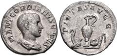 Gordian III. As Caesar, AD 238. AR Denarius (18.5mm, 2.78 g, 6h). Rome mint. 1st emission of Balbinus & Pupienus. Bareheaded and draped bust right / Emblems of the pontificate: lituus, secespita, gutt