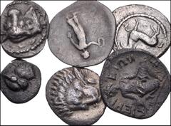 GREEK. Northern Greece. Lot of six (6) Trihemiobol, Oboles, and Hemiobol of Thessaly. Includes: KIERION. Trihemiobol. HGC 4, 670; LARISSA. Oboles. HGC 4, 491 and 496; OITAIA. Obol. HGC 4, 130; PHARKAD