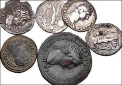 ROMAN. Imperial. Lot of eight (8) silver and bronze issues. Includes: Vespasian. AR Denarius (2) // Domitian. AR Denarius // Domitian. Æ Dupondius // Hadrian. AR Denarius // Probus. Antoninianus // Li