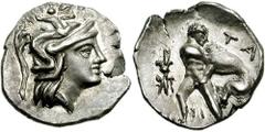 CALABRIA, Tarentum. Circa 280-228 BC. AR Diobol (1.01 gm). Estimate $250 CALABRIA, Tarentum. Circa 280-228 BC. AR Diobol (1.01 gm). Head of Athena right, wearing crested helmet decorated with Skylla /