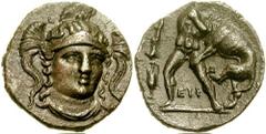 CALABRIA, Tarentum. Circa 280-228 BC. AR Diobol (0.88 gm). Estimate $250 CALABRIA, Tarentum. Circa 280-228 BC. AR Diobol (0.88 gm). Head of Athena facing slightly right, wearing triple-crested helmet 