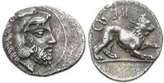 LUCANIA, Herakleia. Circa 432-420 BC. AR Diobol (1.17 gm). Estimate $200 LUCANIA, Herakleia. Circa 432-420 BC. AR Diobol (1.17 gm). Bearded head of Herakles right, wearing lion's skin headdress / Lion