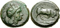 LUCANIA, Thourioi. Circa 340 BC. Æ Diobol (15.38 gm). Estimate $300 LUCANIA, Thourioi. Circa 340 BC. Æ Diobol (15.38 gm). Head of Athena right, wearing crested Attic helmet decorated with Skylla holdi