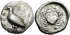 SICILY, Akragas. Circa 510-500 BC. AR Didrachm (8.66 gm). Estimate $600 SICILY, Akragas. Circa 510-500 BC. AR Didrachm (8.66 gm). Eagle standing left / Crab. Jenkins, Gela, Group Ib; SNG ANS 915 (same
