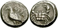 SICILY, Akragas. Circa 500-495 BC. AR Didrachm (8.09 gm). Estimate $200 SICILY, Akragas. Circa 500-495 BC. AR Didrachm (8.09 gm). Eagle standing left / Crab. Jenkins, Gela, Group IIc; SNG ANS 922; SNG