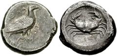 SICILY, Akragas. Circa 495-482 BC. AR Didrachm (8.78 gm). Estimate $1000 SICILY, Akragas. Circa 495-482 BC. AR Didrachm (8.78 gm). Eagle standing right / Crab within incuse circle. Jenkins, Gela, Grou