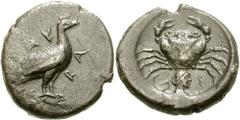 SICILY, Akragas. Circa 482-472 BC. AR Didrachm (8.36 gm). Estimate $400 SICILY, Akragas. Circa 482-472 BC. AR Didrachm (8.36 gm). Eagle standing right / Crab; male head right below, CA-S on either sid