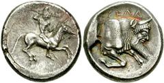 SICILY, Gela. Circa 490/485-480/475 BC. AR Didrachm (8.41 gm). Estimate $1500 SICILY, Gela. Circa 490/485-480/475 BC. AR Didrachm (8.41 gm). Horseman galloping right, brandishing spear / Forepart of m