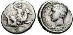 SICILY, Gela. Circa 425-420 BC. AR Didrachm (8.28 gm). Estimate $750 SICILY, Gela. Circa 425-420 BC. AR Didrachm (8.28 gm). Warrior on horse galloping right, spearing fallen hoplite / Head of the rive
